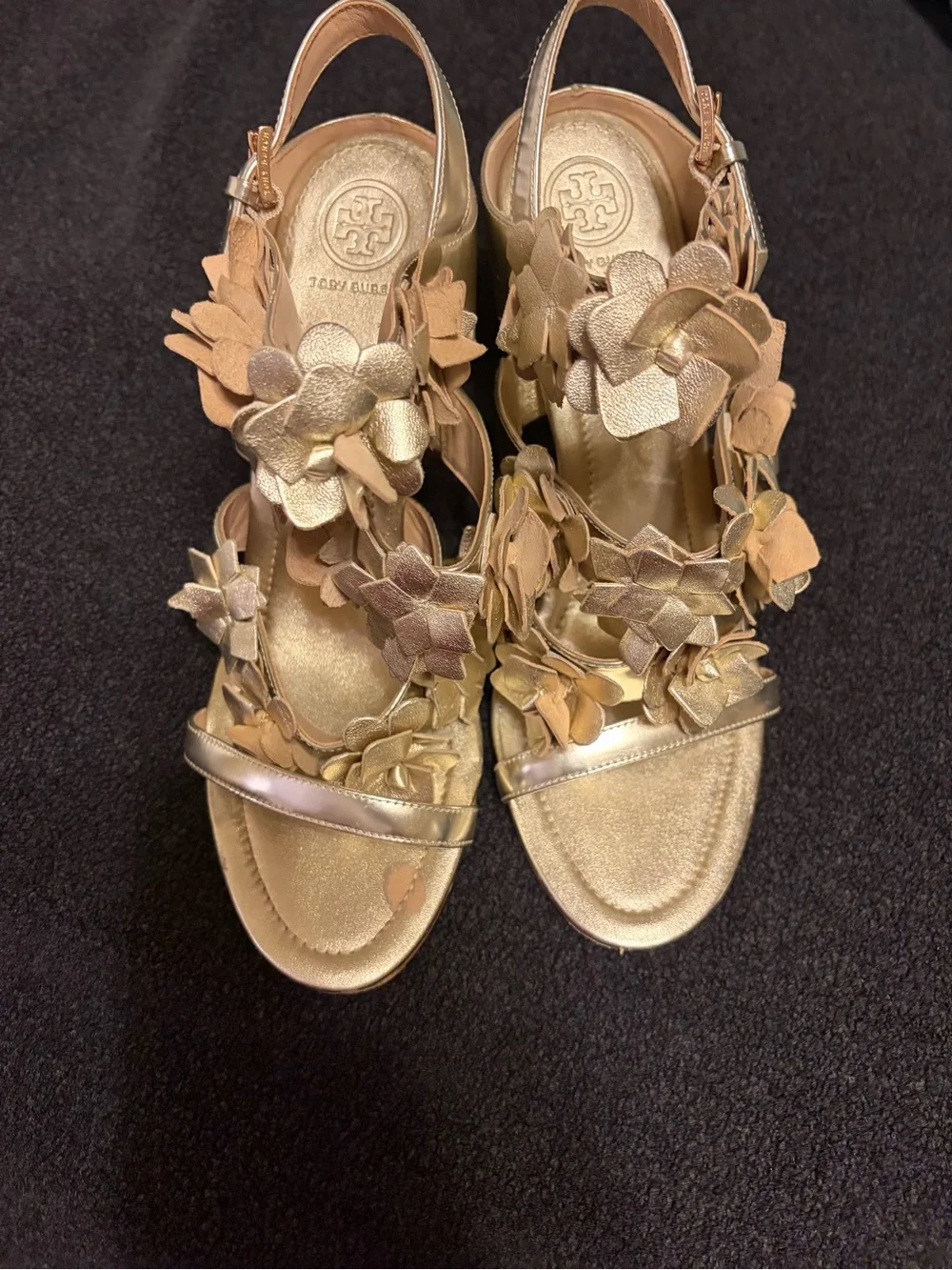 Tory Burch Blossom Floral Metallic Sandals in Gold - Elegant Dress Heels